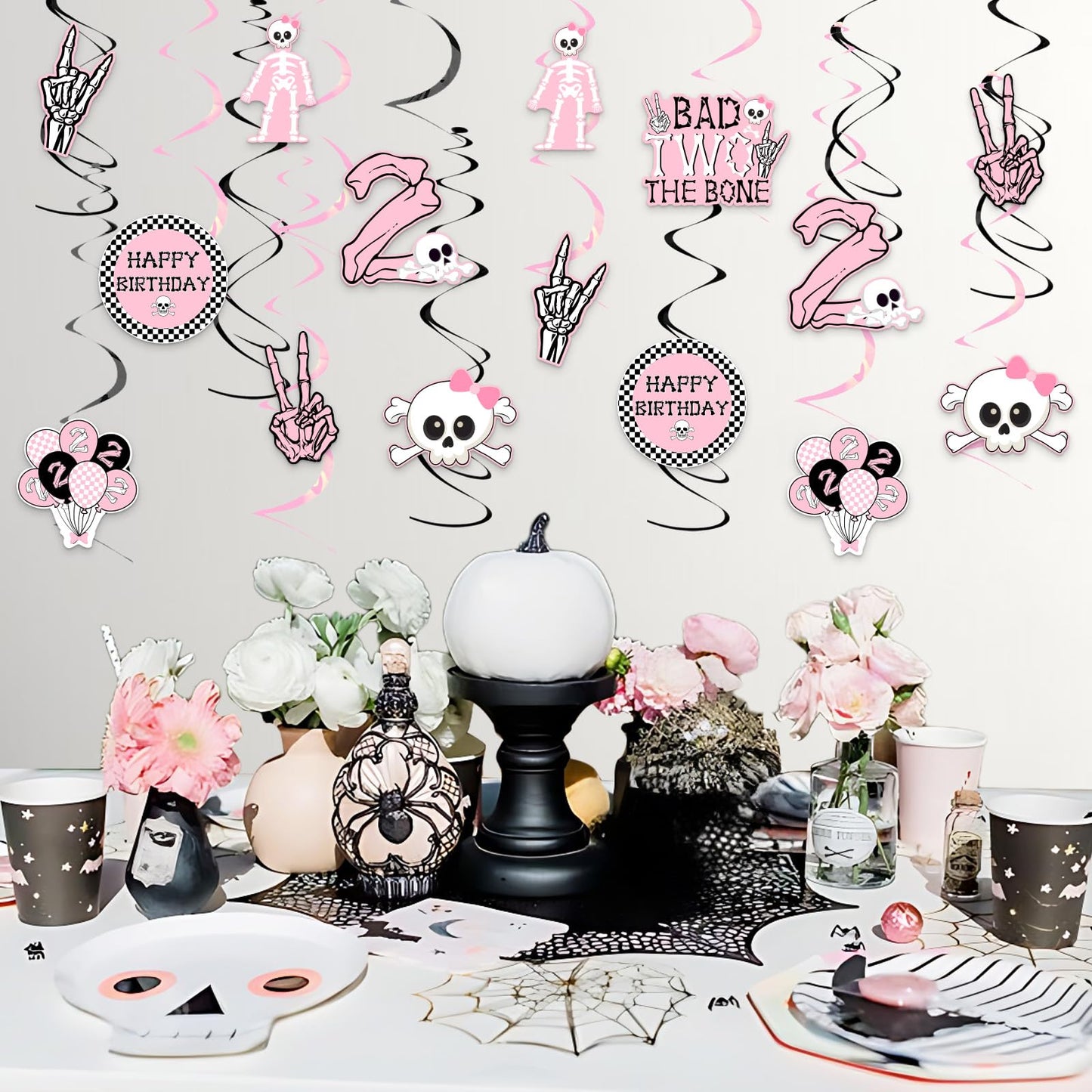 Jollyboom Bad Two The Bone Party Decorations Girl, 24pcs Skeleton 2nd Birthday Decorations Hanging Swirl Bad 2 The Bone Hanging