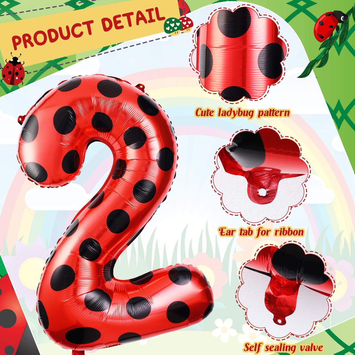 Lunmon 40 Inch Ladybug Large Number 2 Balloon 40 Inch Ladybug Balloon Birthday Decorations Supplies Black Red Polka Dots Ladybir