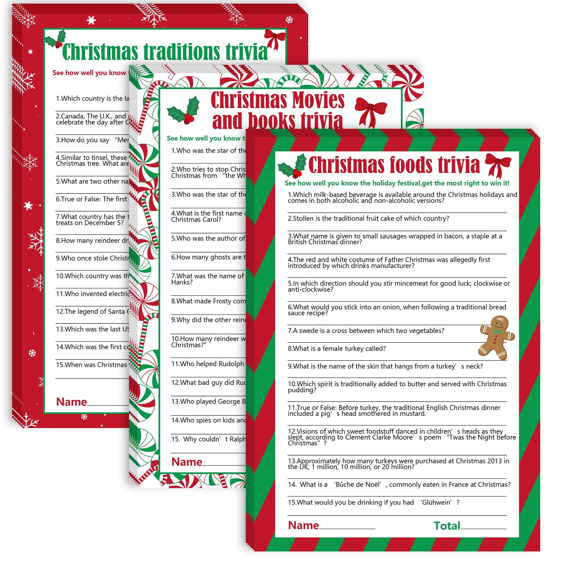 Watayo 62 Pieces Christmas Trivia Party Game Cards-Xmas Festival Guessing Activity for mature-themed Annual Festive Events Christmas Party Decorations
