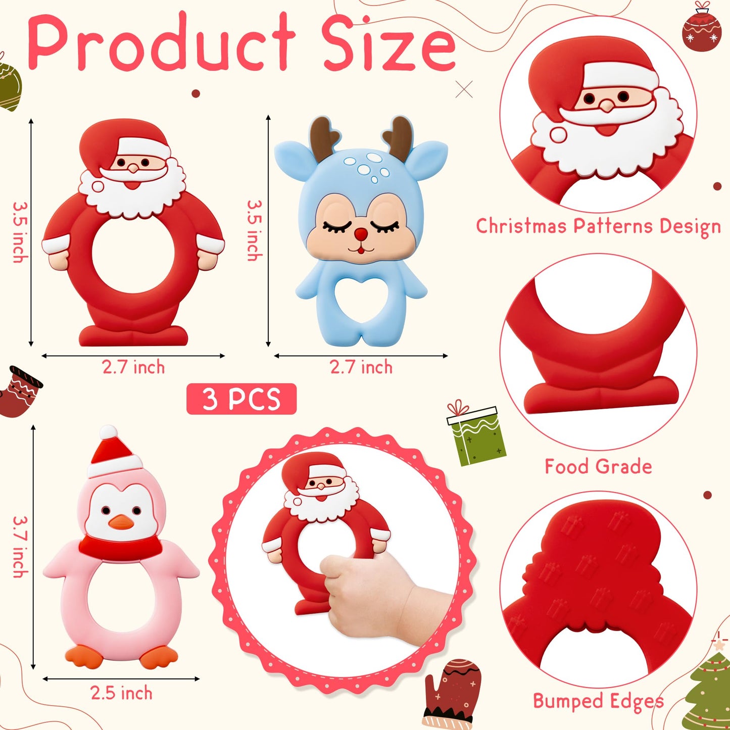 Christmas Silicone Teether for Babies - 2ooya 3Pcs Santa Penguin Deer Soothe Teething Chew Toy Infant Toddler Sore Gums Relief Teether Toy The First Christmas Gift Baby Shower for Newborn Boy Girl