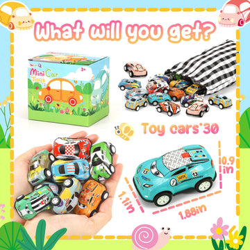 SevenQ Toy Cars for Kids Ages 4-8, 30Pcs Pull Back Cars Playses with Storage Bags, Race Car Party Favors for Toddler Boys Girls