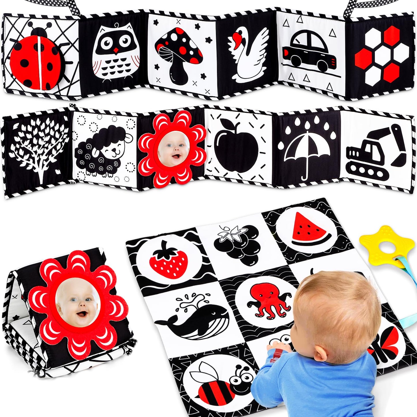 Black And White High Contrast Baby Toys 0-6 Months Montessori Tummy Time Toys Sensory Crinkle Toys For Baby Newborn Infant 0-3 3-6 Months Soft Cloth Books Carseat Toys For Baby Boy Girl Gifts