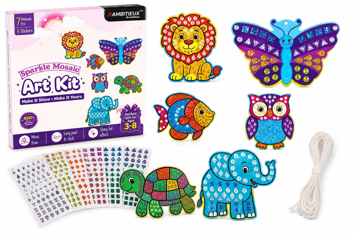 Ambitieux Diy Mosaic Art Kit For Kids | 6 Animal Boards, 450+ Foil Mosaic Stickers, 6 Shape & Color Sticker Sheets | Arts & Craf