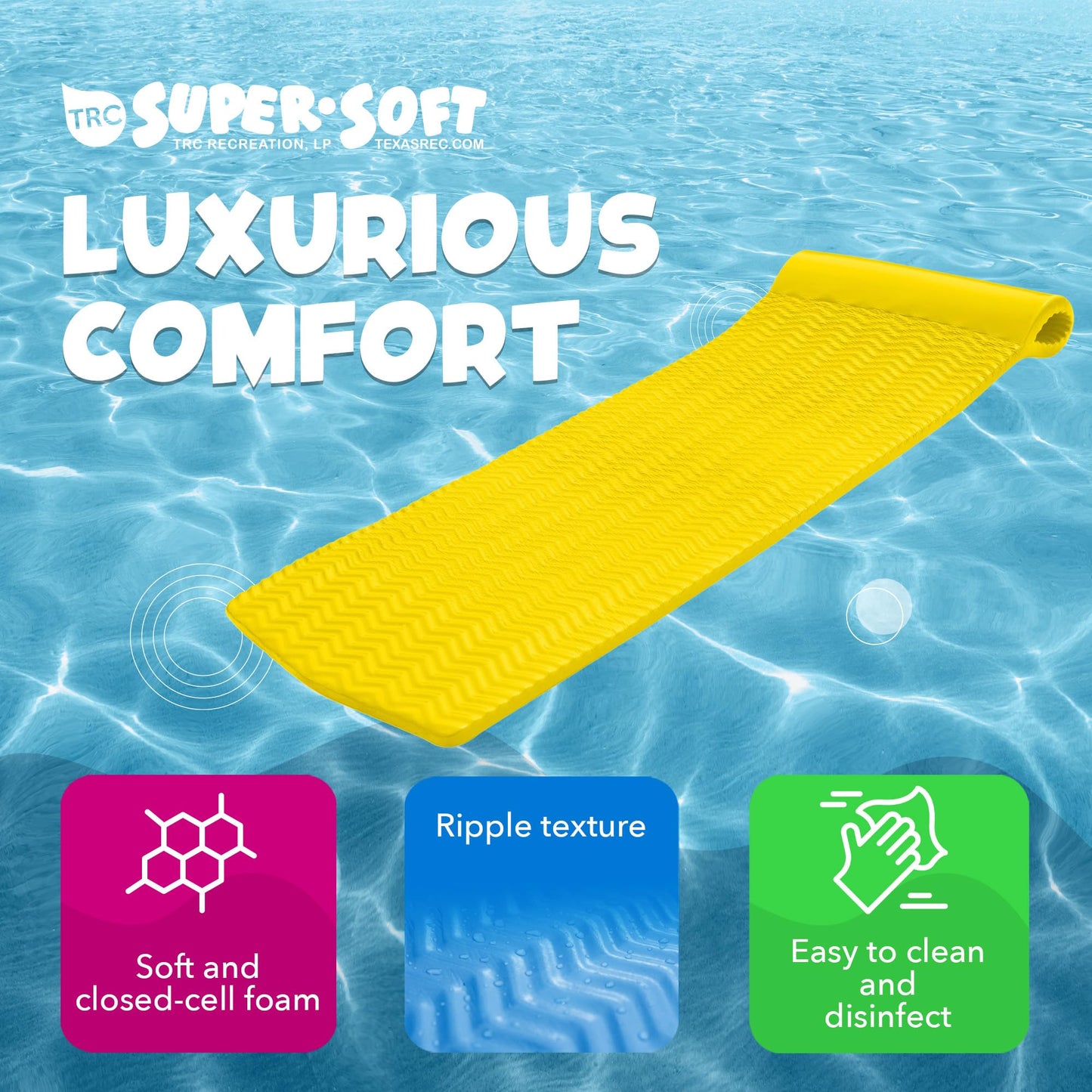 TRC Recreation Serenity 1.5  Thick Vinyl Coated Foam Swimming Pool Float Mat mature-themed Lounger with Built-In Roll Pillow  Yellow