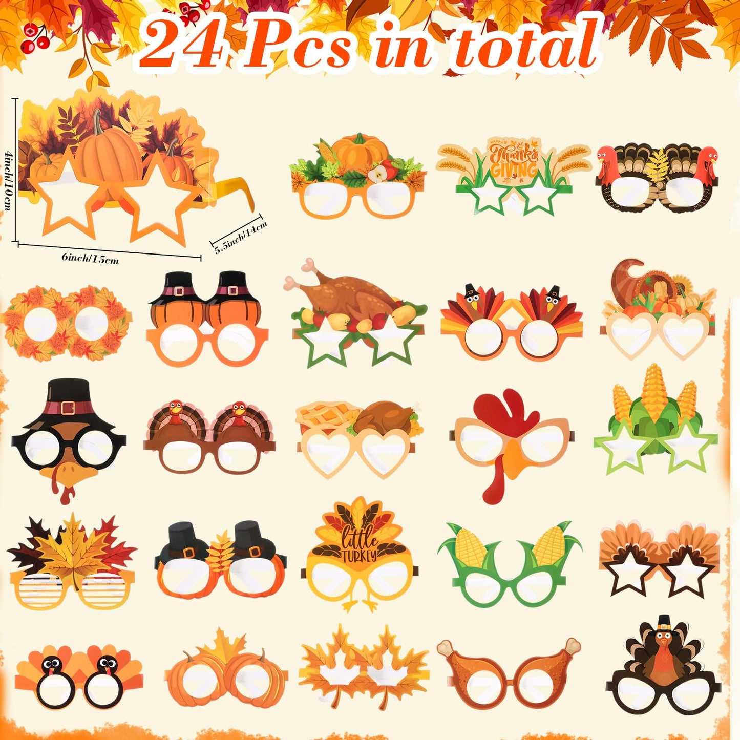 Hiboom 24 Pcs Thanksgiving Paper Glasses Fall Party Decoration Turkey Maple Leaf Eyeglasses Autumn Costume Photo Booth Props for