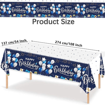 Kesfey Happy Birthday Tablecloths 3 Packs Navy Blue and Silver Birthday Tablecover 54 x 108 Inch Print Firework,Balloon Waterpro
