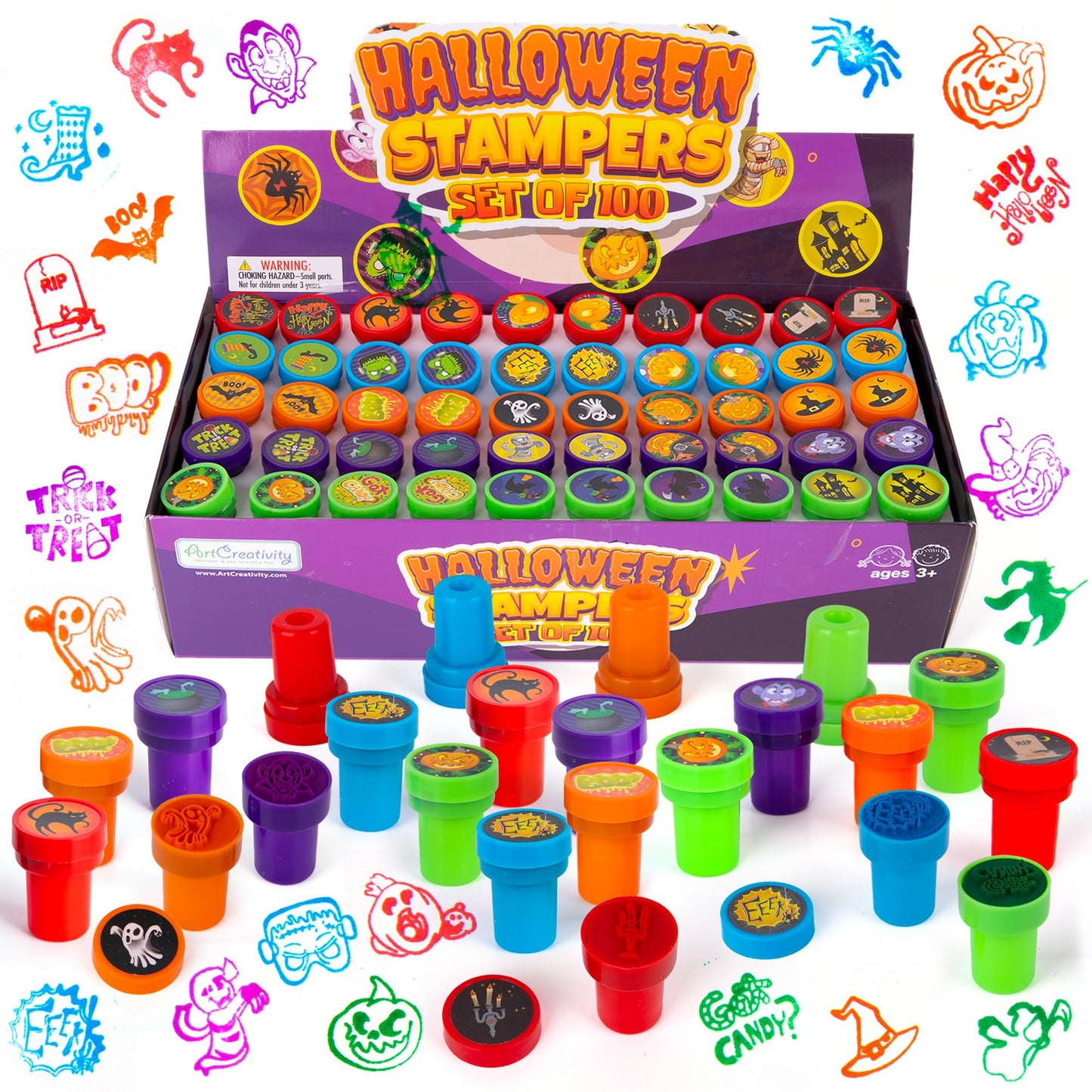 ArtCreativity Bulk Halloween Stampers for Kids - Set of 100 Halloween Stamps - Assorted Trick or Treat Stamper Designs for Hallo
