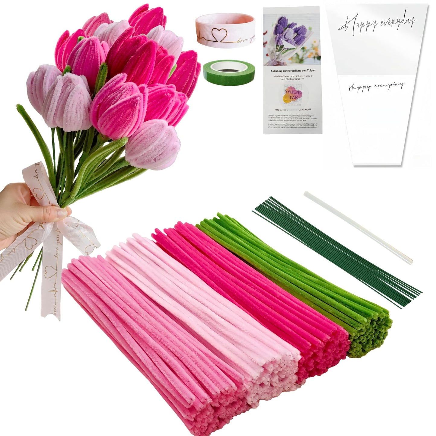 YYUENG TAK 200 pcs Pink Pipe Cleaner Flowers Craft kit for DIY Tulip Bouquet with tutoria,4 Colors(3 Pinks and Olive Green),Chen