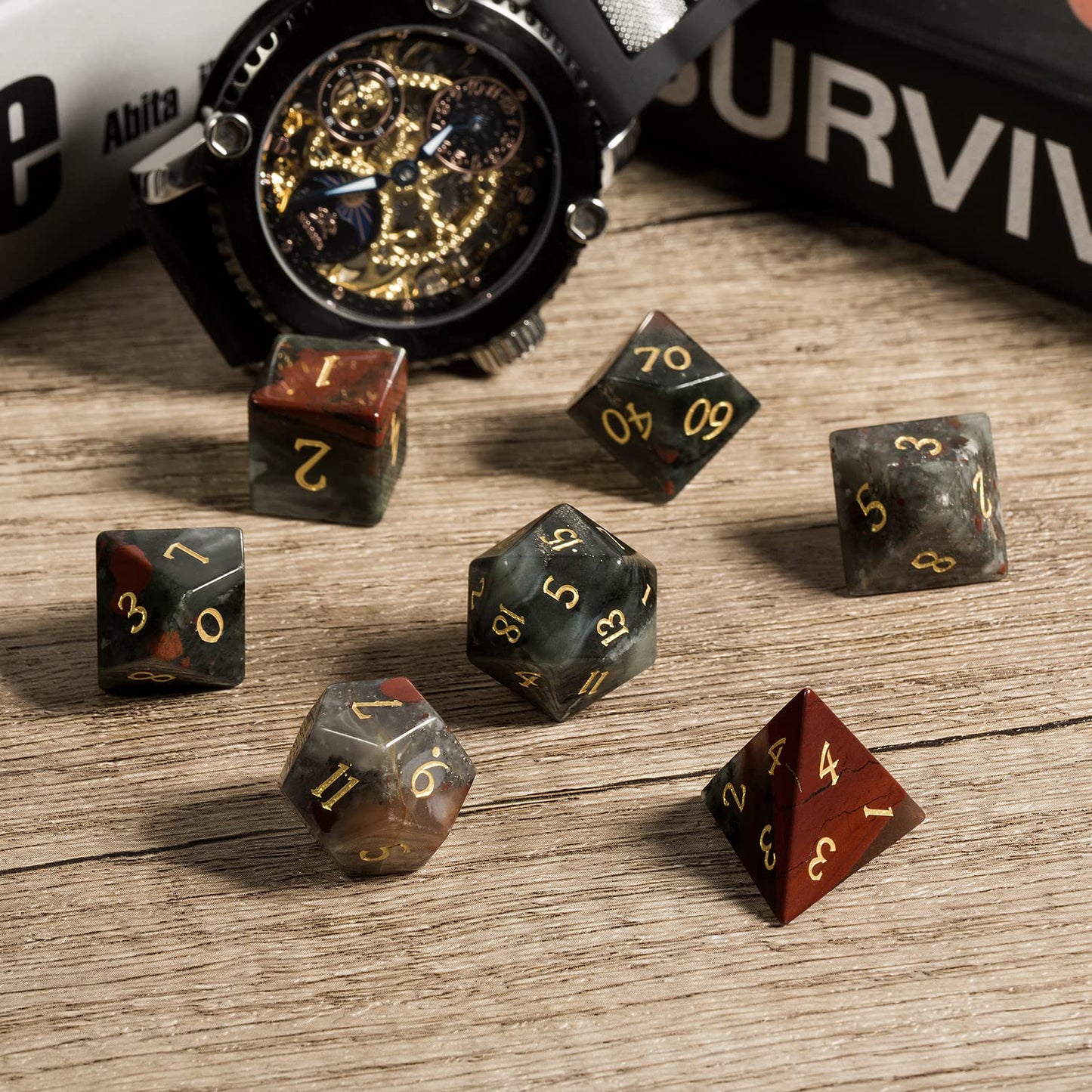 Bloodstone DND Dice Set DNDND 7 PCS Natural Stone D&D Dice with Grogeous Gift Case for Dungeons and Dragon Tabletop Game (Bloods