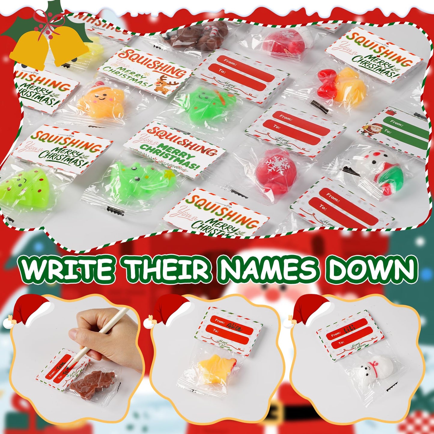 Christmas Mochi Squishy Toys 24 Pack with Gift Card  Mini Squishy Toys  Christmas Stocking Stuffers  Party Favors for Kids  Stress Relief Toys  Goodie Bags Fillers (Christmas Red Box)