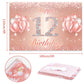 Happy 12Th Birthday Banner Backdrop - 12 Birthday Party Decorations Supplies For Girls Or Boys - Rose Gold 4 X 8Ft
