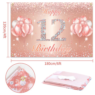 Happy 12Th Birthday Banner Backdrop - 12 Birthday Party Decorations Supplies For Girls Or Boys - Rose Gold 4 X 8Ft