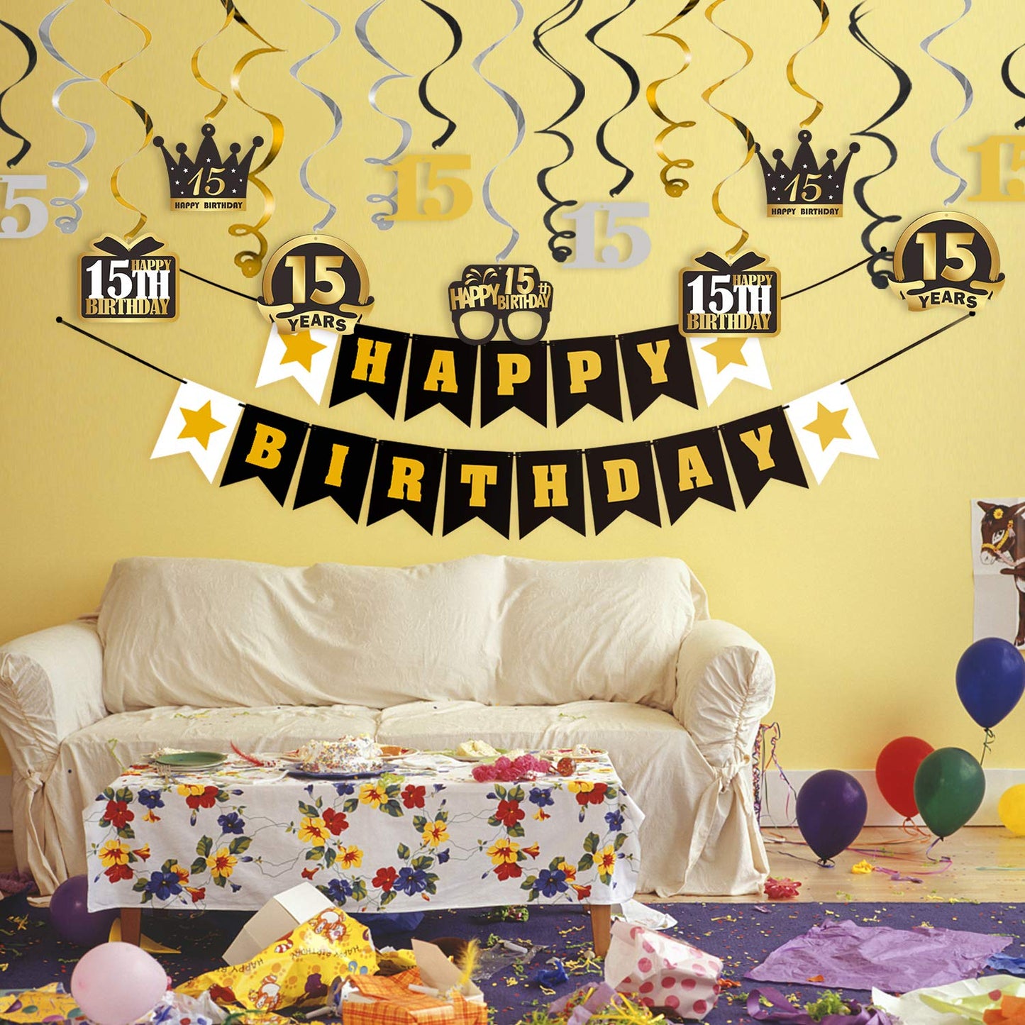 LINgTEER Happy 15th Birthday Swirls Streamers Set - Happy Birthday Banner,cheers to 15th Birthday Fifteen Years Old Bday Party H