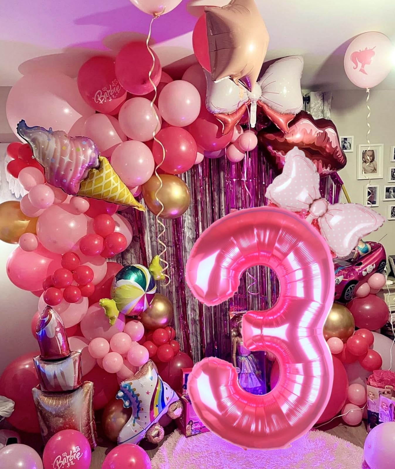 Kwuz 40 Inch Pink Number 3 Aluminum Balloon for Girls Birthday Party Decorations, Bow Pink, Model HK40PIBNFO-3