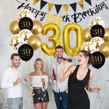 Jobkoo 30Th Birthday Decorations For Him, Black Golden 30Th Birthday Party Decor Men Women Happy 30Th Birthday Balloons Black 30