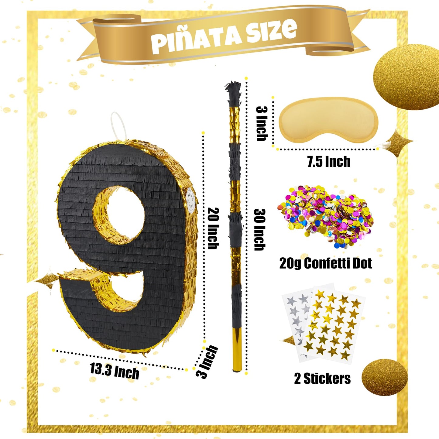 PCFING 20 Inch Number 9 Piñata - Gold & Black with Stick, Blindfold & Confetti for Birthday Parties & Celebrations