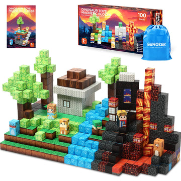 Benoker Dinosaur Magnetic Blocks,Dino Volcano World Magnet Building Toys, Sensory Montessori Toys For Stem Learning, Toddler Gif