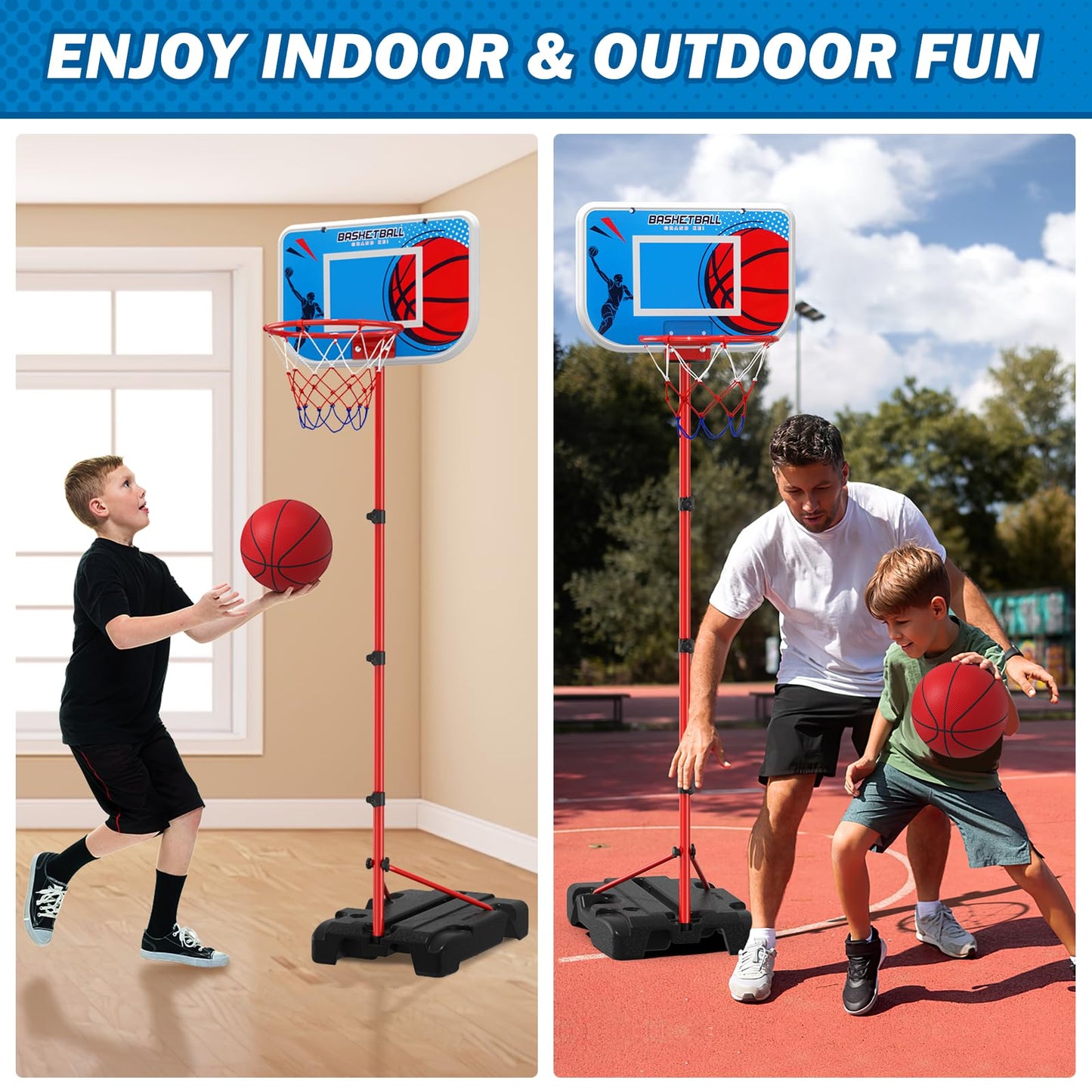 HYES Kids Basketball Hoop Indoor, Toddler Basketball Hoop Outdoor, with Package Design/Adjustable Height/4 Balls, Portable Baske