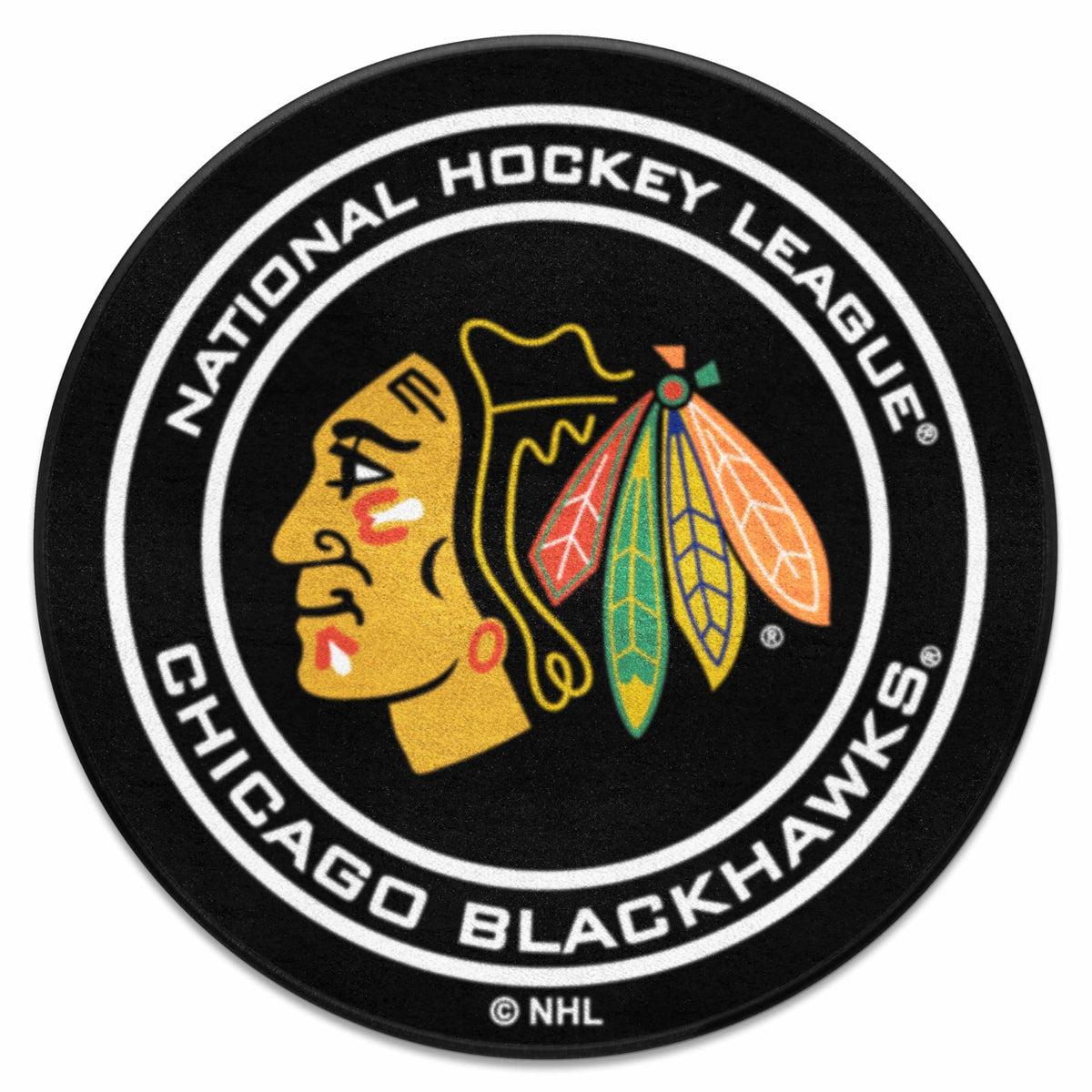 FANMATS 10279 Chicago Blackhawks Hockey Puck Shaped Rug - 27in. Diameter, Hockey Puck Design, Sports Fan Accent Rug - Black