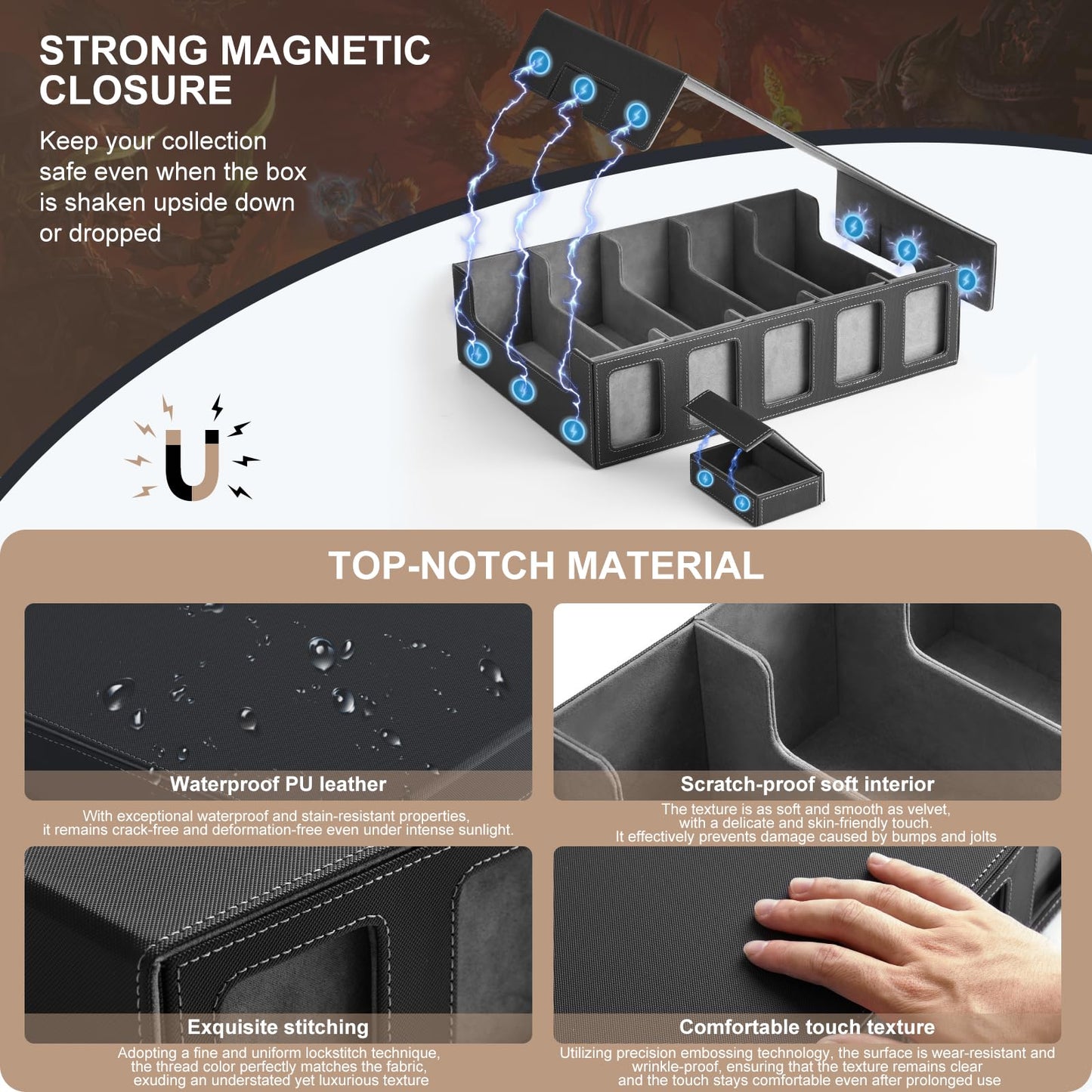 5-Row Trading Card Storage Box  Protable 3900+ MTG Deck Box with Removable Lid  Leather Magnetic Closure Commander Deck Box with 5 Toploaders  5 Stoppers  48 Dividers 1 Dice Tray (Black & Grey)