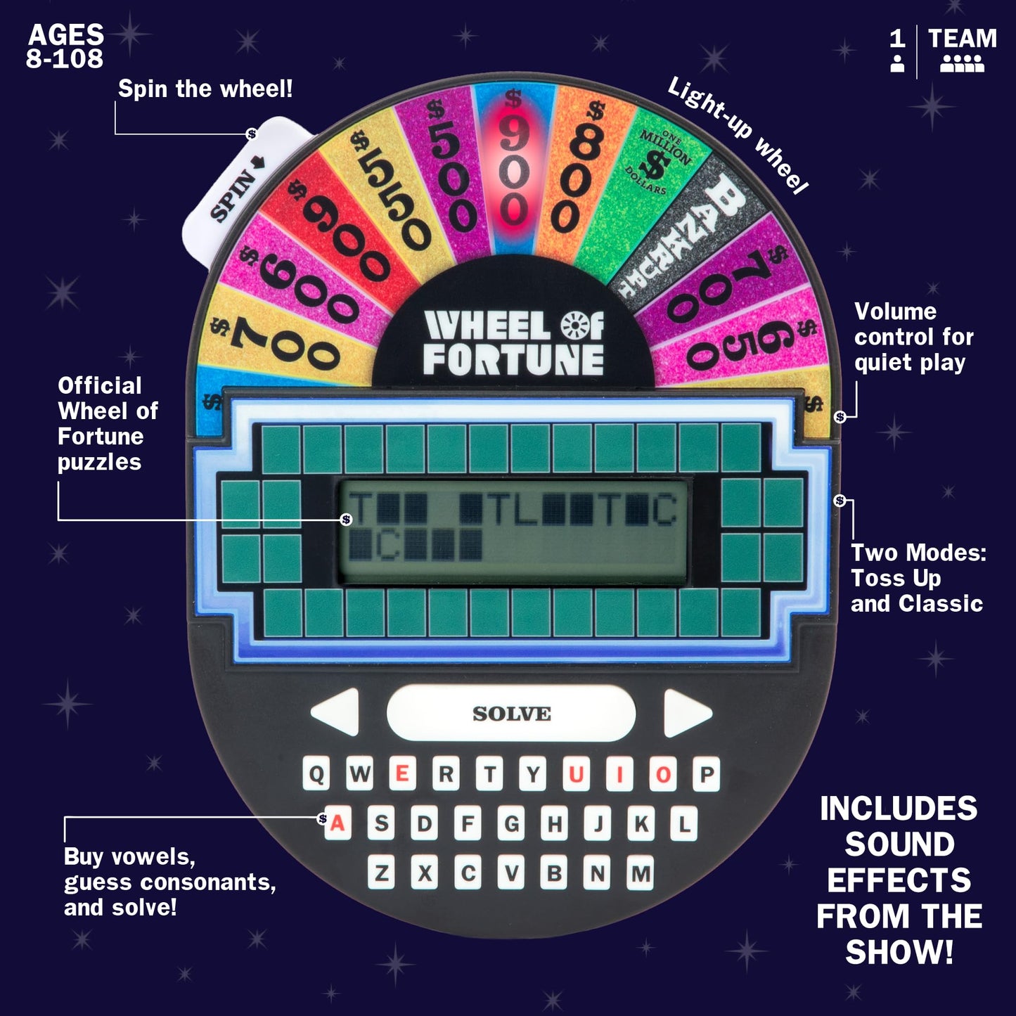 Educational Insights Wheel Of Fortune Game - Handheld Electronic Game, Puzzle Games For Kids And Adults, Wheel Of Fortune Gifts