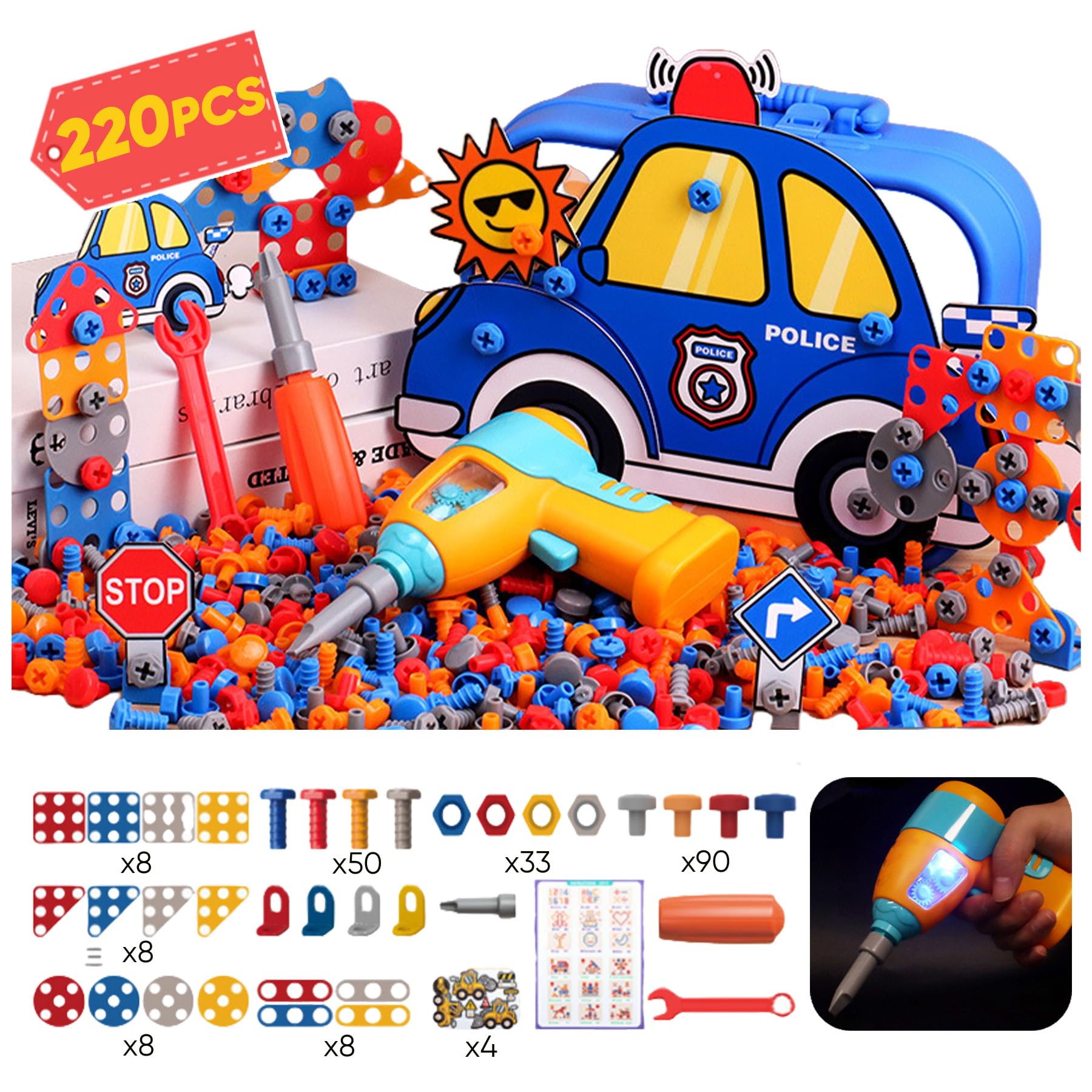 Flybean Magic Montessori Toolbox with Electric Drill, Screwdiver,Creativity and Design Mosaics Drill Set for Kids,Toddlers Boys 