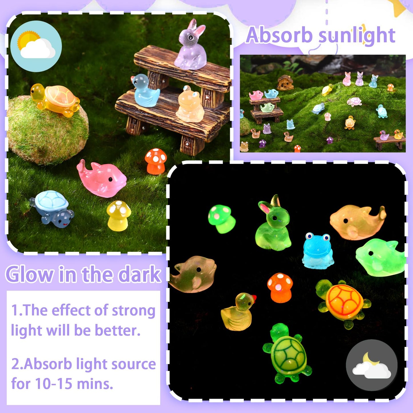 GGSTDDUP 144pcs Luminous Mini Resin Ducks  Dolphin  Turtle  Rabbit  Frog  Mushroom  Resin Animals Glow in The Dark for Dollhouse Garden Decoration (6 Styles)