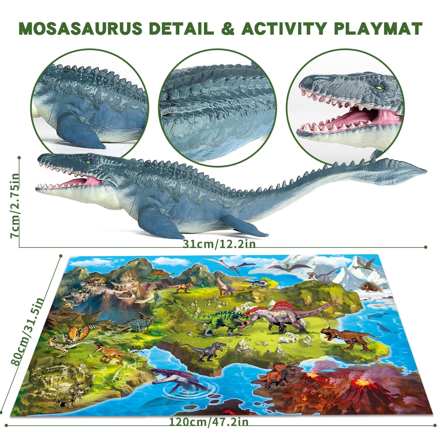 Oriate Dinosaur Toys Playset with Large Mat, 45 Pieces, Realistic Mosasaurus, T-Rex, Spinosaurus, Plastic, Great Gifts for Kids 3-7