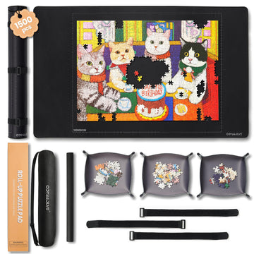 Odyssolve Jigsaw Puzzle Mat Roll Up, 1500 Pieces, 46" x 26", Black, Non-Slip Rubber Bottom with 3 Sorting Trays & Storage Bag