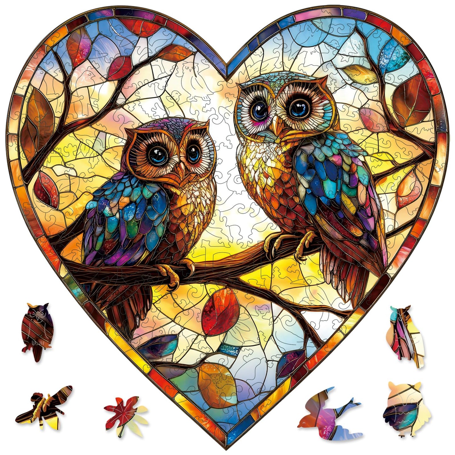 Ruikiyart Wooden Puzzles for Adults, 5MM 200 Pieces Stained Glass Owls Wood Jigsaw Heart Puzzles, Birds Unique Shape Puzzle Holi