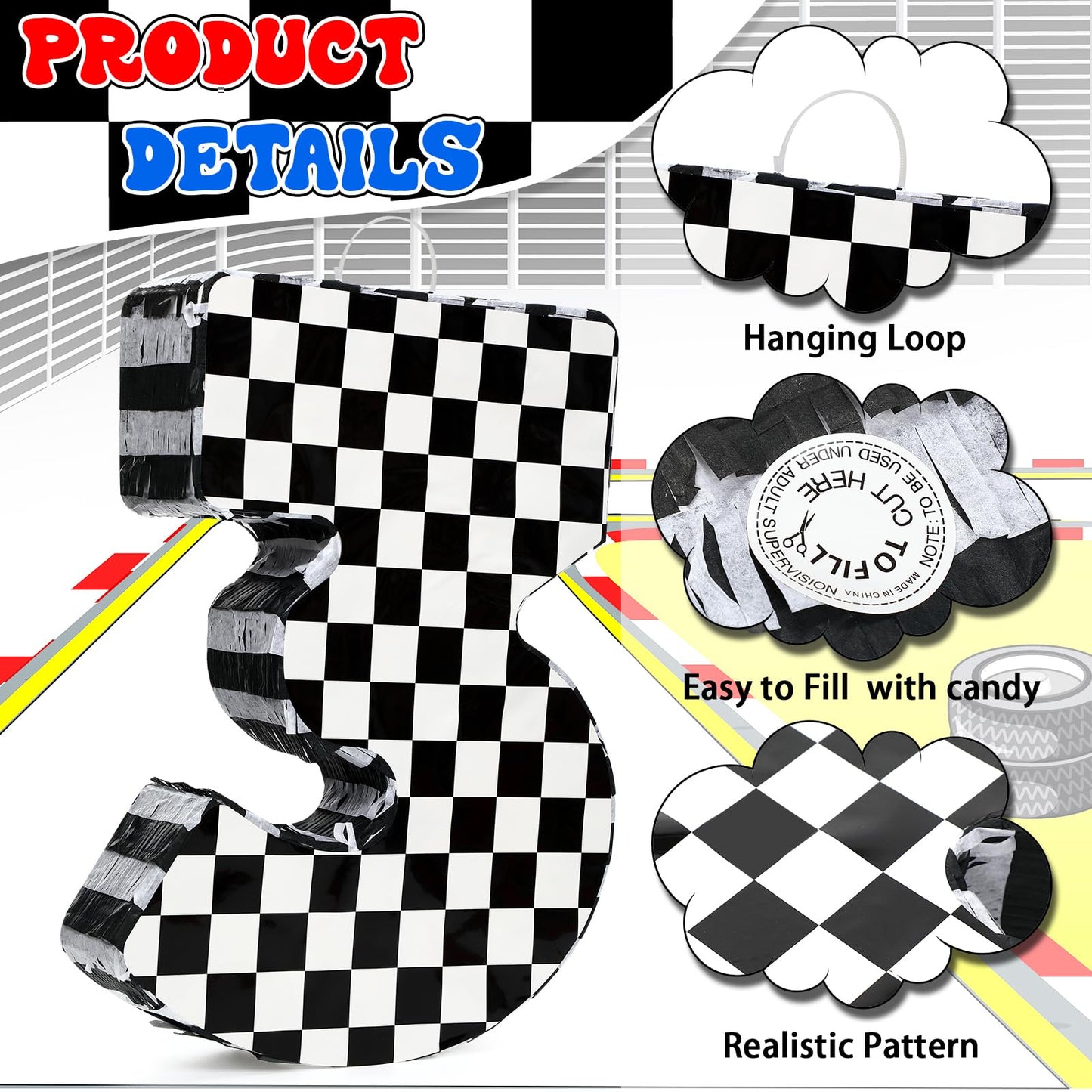 Lewtemi Race Car Number Piata Small Checkered Race Car Birthday Party Decoration Black and White Racing Piata with Stick Confett
