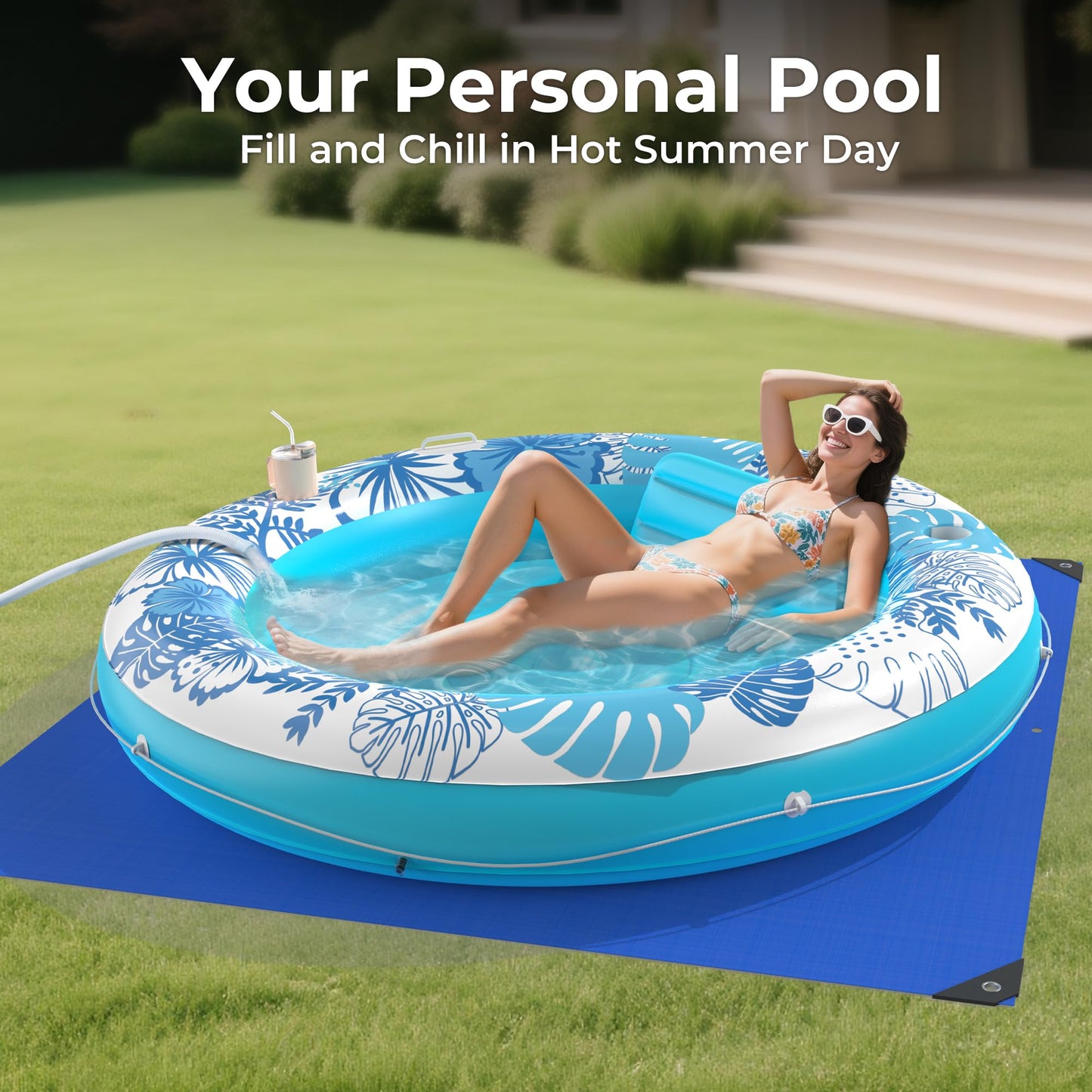 Inflatable Tanning Pool Lounger Float with Protection Tarp  75 x 75 Pool Floats mature-themed with Pillow  6 in 1 Suntan Tub Raft Floatie  Sunbathing Water Lounge Blow Up Pool Kids Ball Pit Party Gifts-Blue