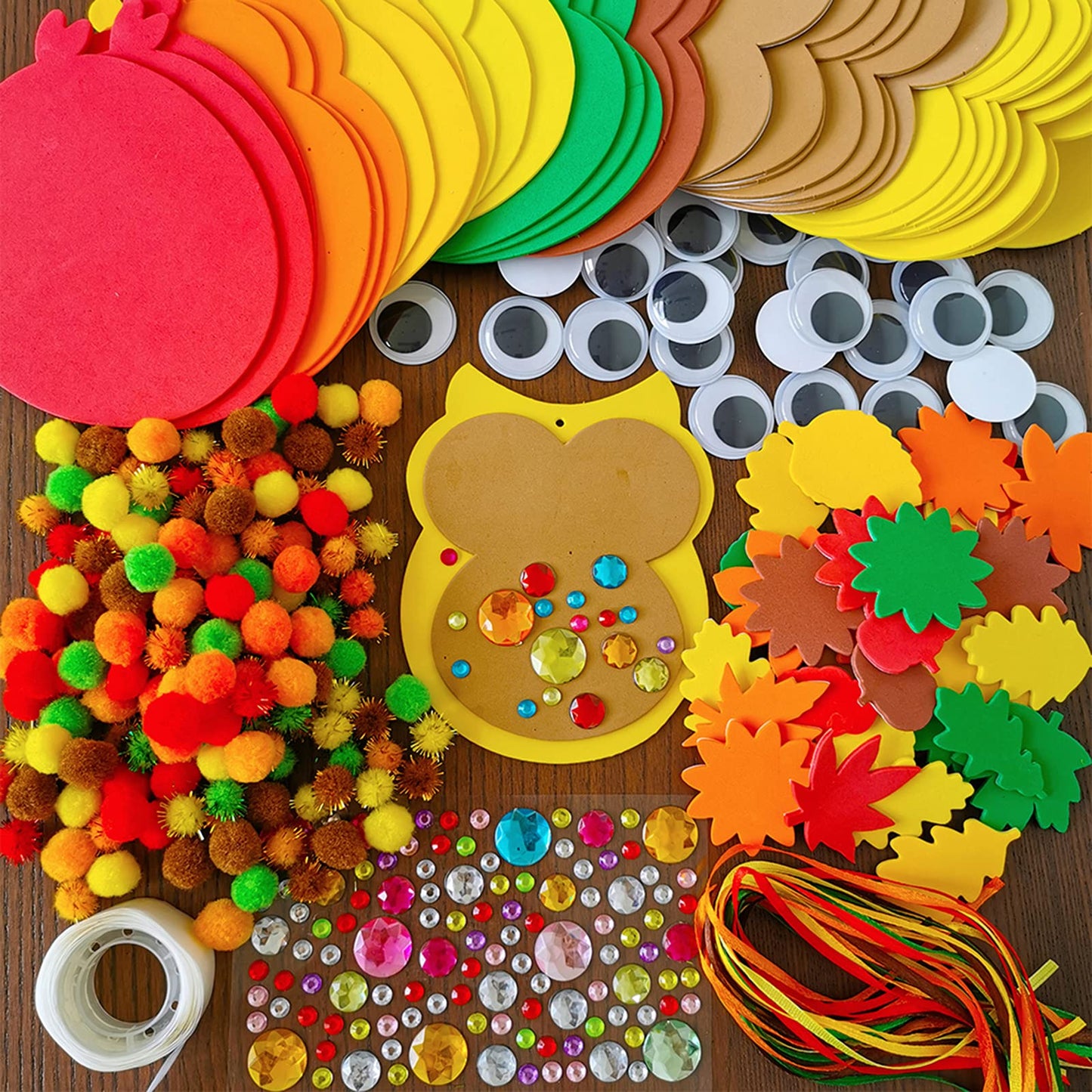 Winlyn 24 Sets Foam Owl Decorations DIY Fall Craft Kit With Autumn Leaves, Pumpkins, Googly Eyes, Pom-Poms for Kids Gift Hallowe