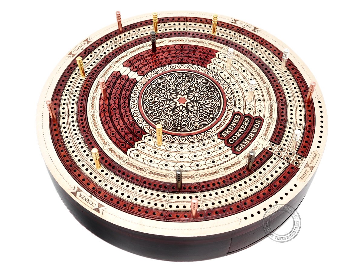 House of Cribbage 10" Round Cribbage Board - Maple/Bloodwood, 4 Tracks, Push Drawer, Maroon