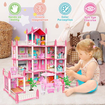 Deao Dollhouse Princess Girl Toys 4-Story 14 Rooms Kids Play Dollhouse Playset With 4 Dolls,Furniture & Accessories,Princess Castle Dollhouse Toy For 3 4 5 6 7 8 Kids Girls Toys