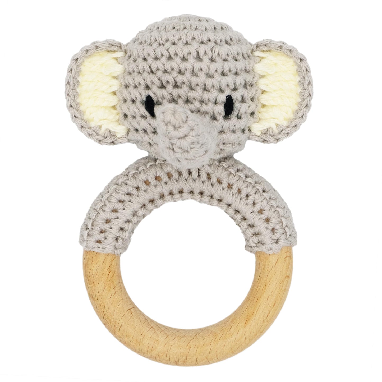 Joliecraft Safari Animals Wooden Baby Rattle Toys Stuffed Crochet Rattle With Teether Ring For Newborn, Gray Elephant