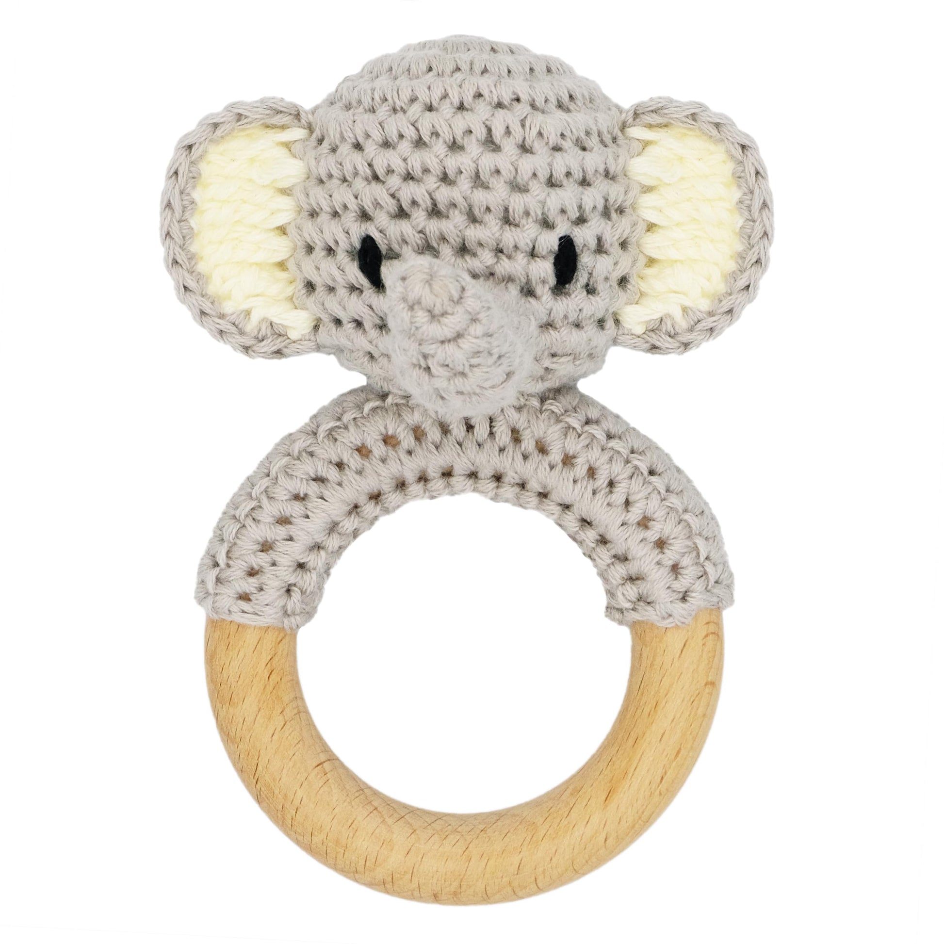 Joliecraft Safari Animals Wooden Baby Rattle Toys Stuffed Crochet Rattle With Teether Ring For Newborn, Gray Elephant
