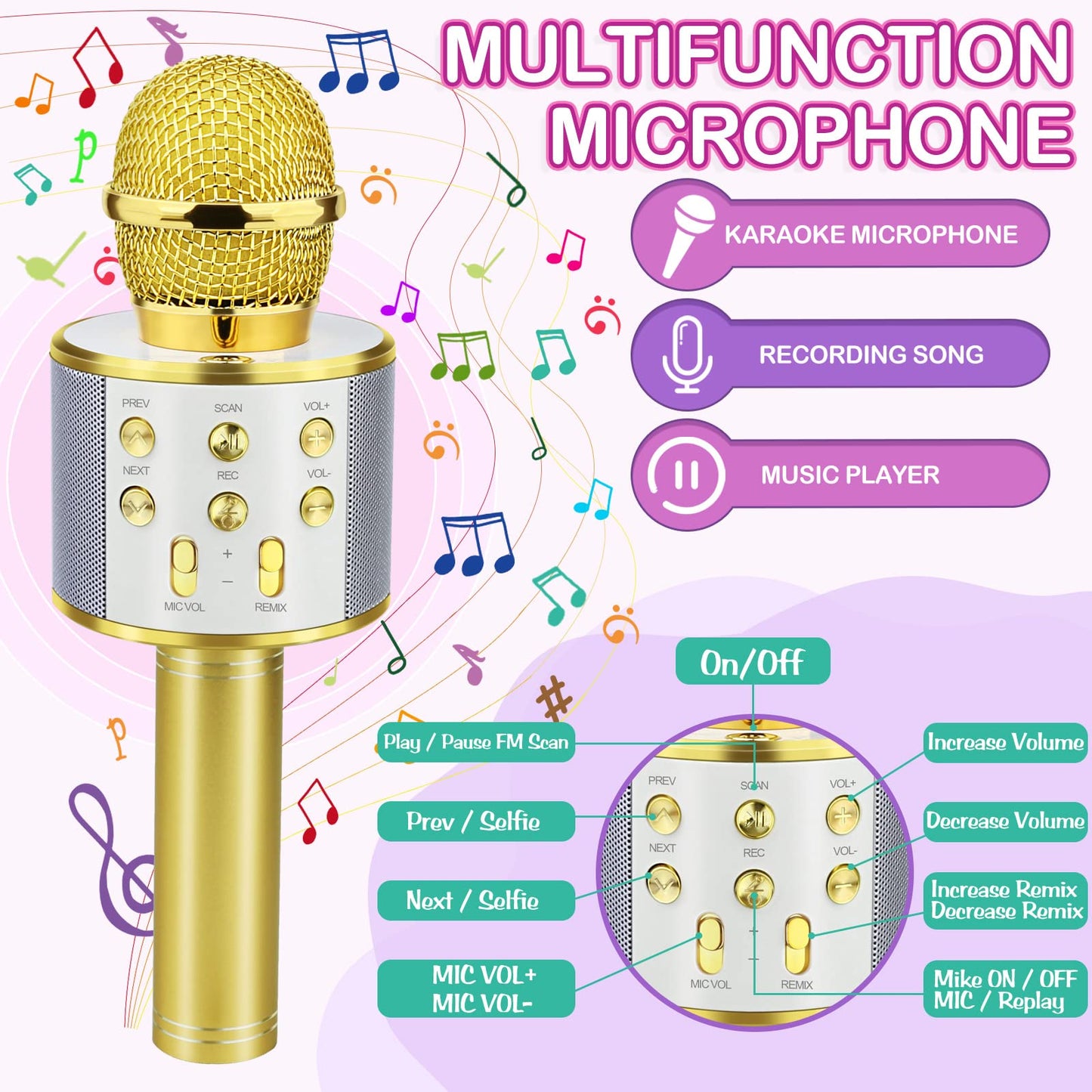 Viposoon Birthday Gifts For 3-11 Year Old Girls, Bluetooth Karaoke Microphone For Kids Gifts For Teenage Girls Christmas Stocking Stuffers For Kids Popular Toys For 4-12 Year Old Boys Girls - Gold