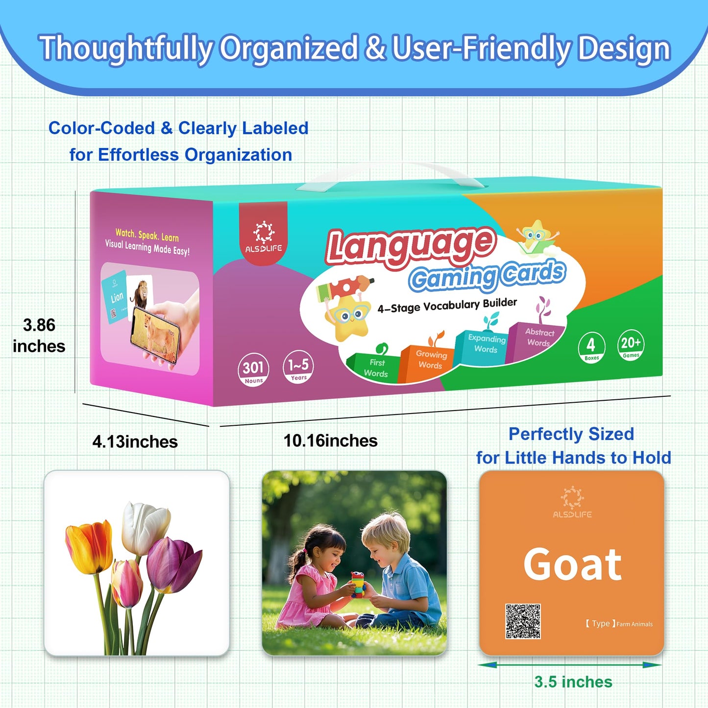 Alsolife 301 Thick Flash Cards For Toddlers, 4-Level Language Builder Real Life Photos Flashcards For Speech Therapy And Prescho