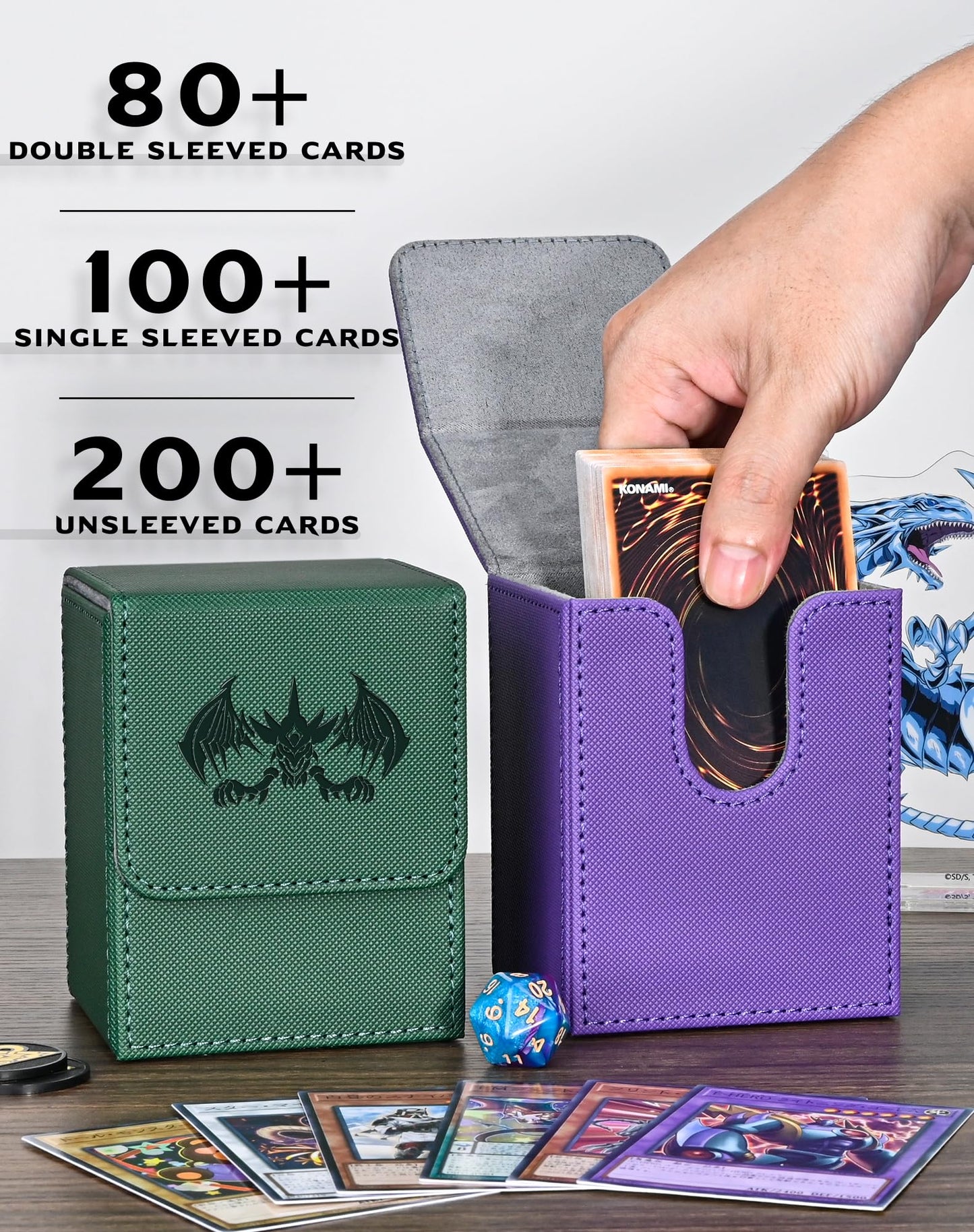 Uaono Card Deck Box For Yugioh Mtg Cards, 100+ Deck Case With 2 Dividers Fits Tcg Ccg, Pu Leather Card Storage Box Compatible With Collectible Trading Cards (Green, Extinction Dragon)