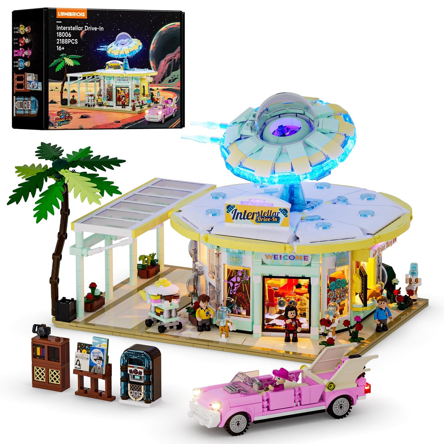 Lumibricks Interstellar-Diner Lighting-Building-Bricks City Set - 2188 Pcs Road UFO Drive-in Restaurant Modular Collection LED Light Space Car Restaurant Set for mature-themeds and Travelling Enthusiasts