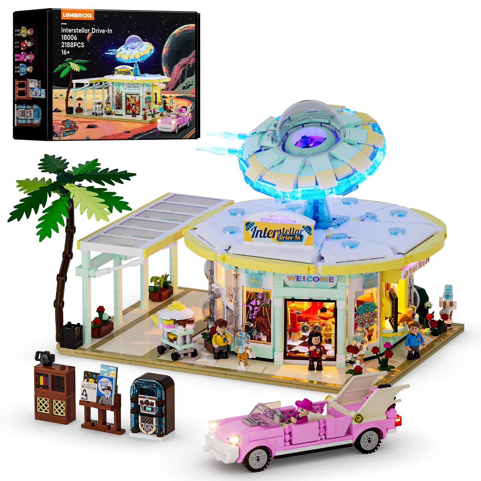 Lumibricks Interstellar-Diner Lighting-Building-Bricks City Set - 2188 Pcs Road UFO Drive-in Restaurant Modular Collection LED Light Space Car Restaurant Set for mature-themeds and Travelling Enthusiasts