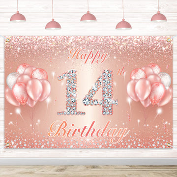 Happy 14Th Birthday Banner Backdrop - 14 Birthday Party Decorations Supplies For Girls Or Boys - Rose Gold 4 X 10Ft
