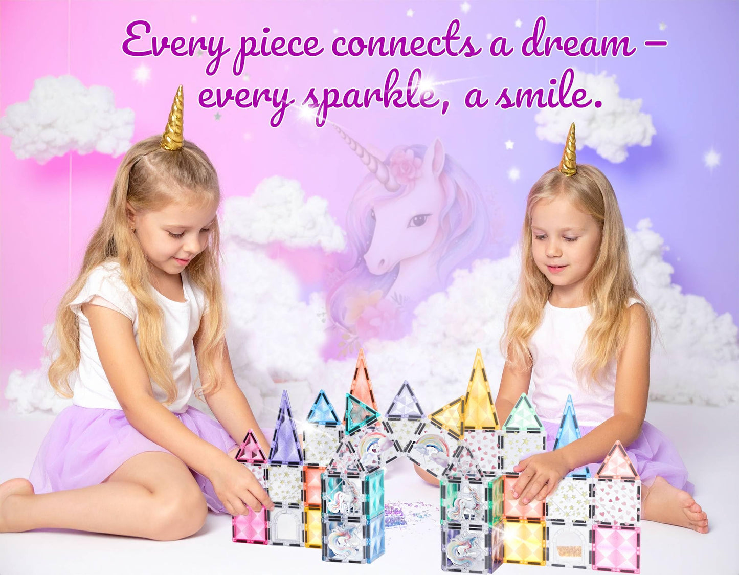 Glitter Unicorn Pony Magnetic Tiles: Building Blocks Toys For Kids - Hearts, Stars, Rainbow Castle Playset For Creative Kids, St
