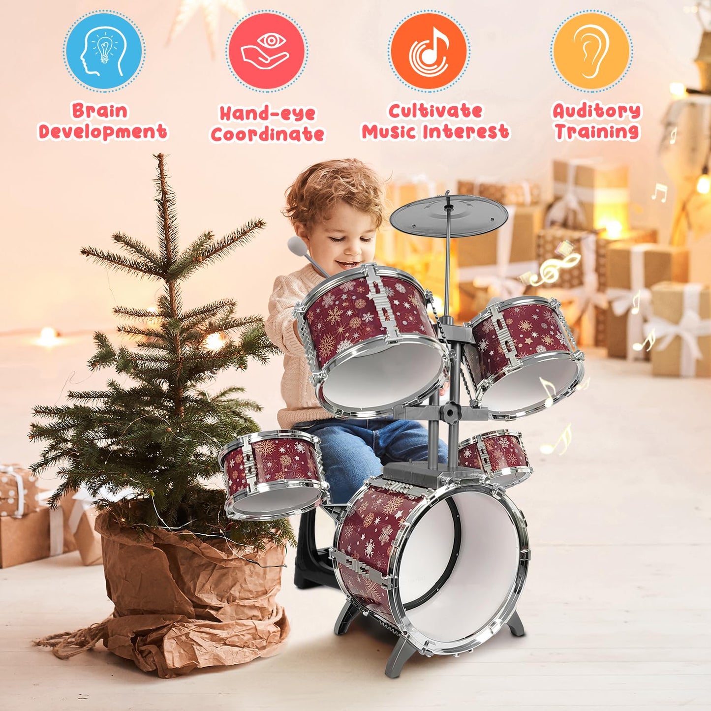 Kids Drum Set For Toddlers 1-3 Musical Jazz Drum With Stool Toys For 2-5 4-6 5-7 Boys Girls Birthday, Red