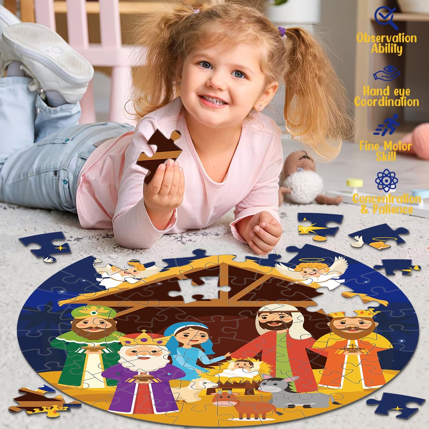 Nativity Scene Floor Puzzles For Kids Age 4-8, 70Pcs Large Christmas Nativity Jigsaw Puzzles Educational Kids Puzzles Ages 3-6 For Kids Boys Girls