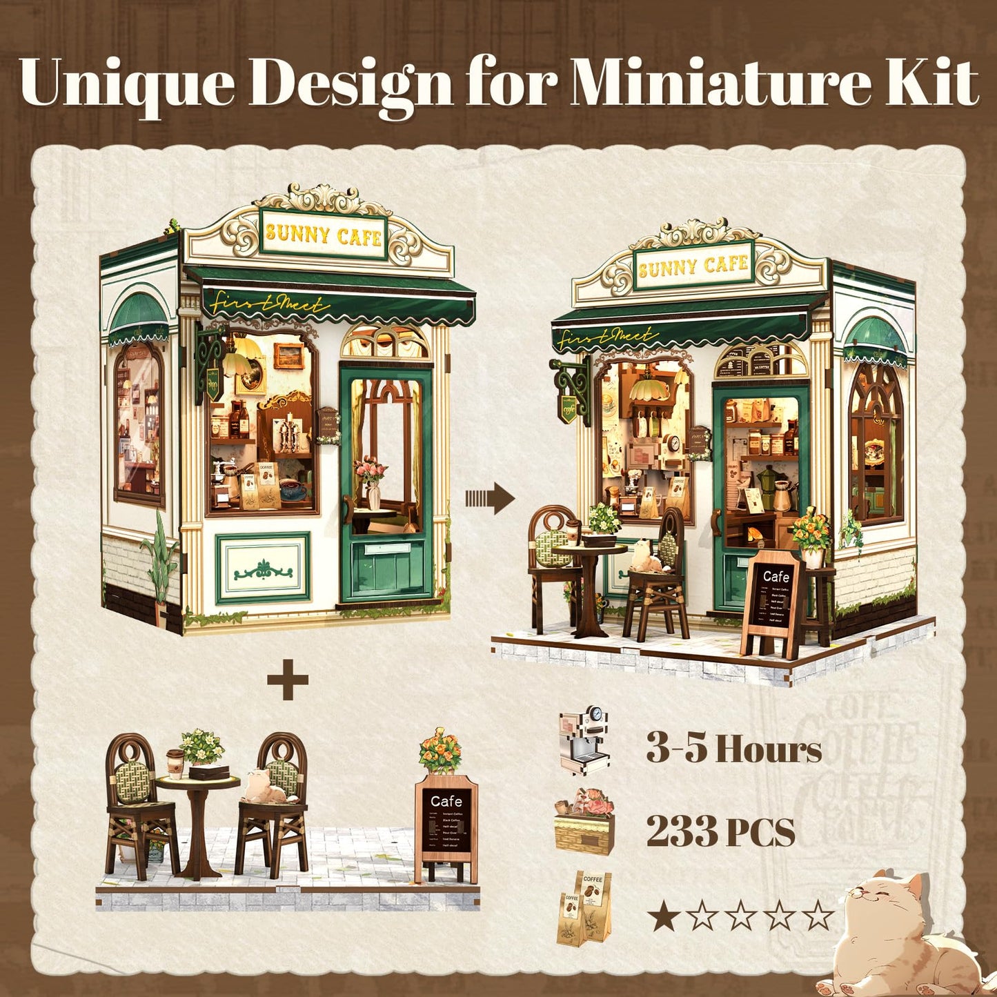 Fsolis Book Nook Kit - DIY Scene Miniature Dollhouse Kit for mature-themeds Bookshelf Puzzle Tiny House Mini Craft Coffee Shop Model Bookshelf Decor Gifts for Women Book Lovers Puzzle Beginners (Sunny Cafe)