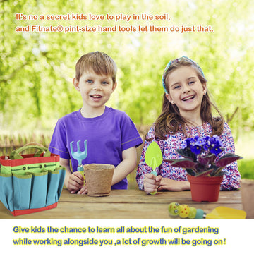 Fitnate Green Kids Garden Tools Set,6 Pcs Gardening Tools For Kids Including Watering Can, Shovel, Rake, Fork, Children Gardening Gloves And Garden Tote Bag, All In One Set