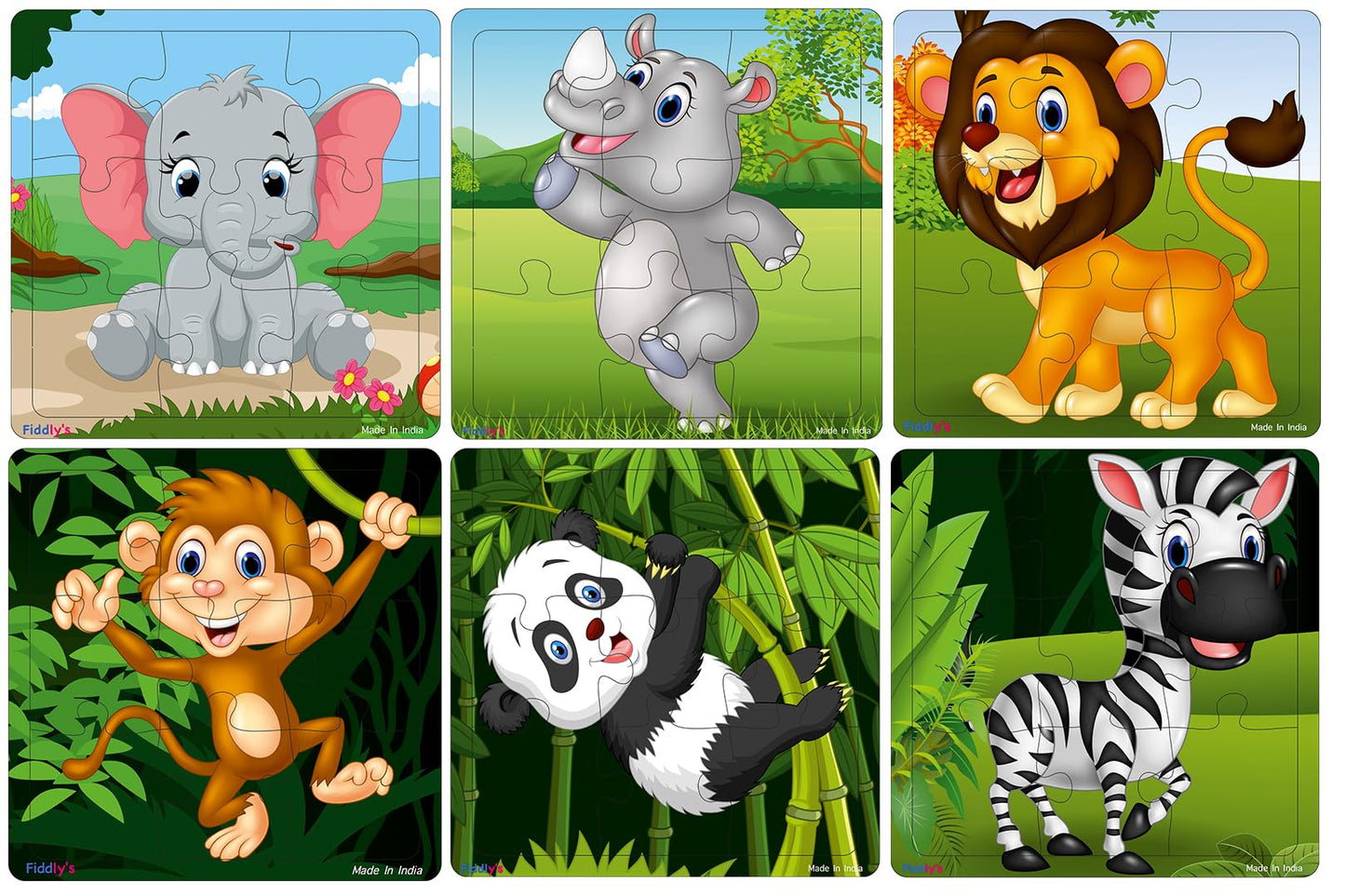 Fiddlys Wooden Jigsaw Puzzles For Kids & Children - 9 Pieces Each, Pack Of 6|Double Layered Front & Back Print| Educational Toy 