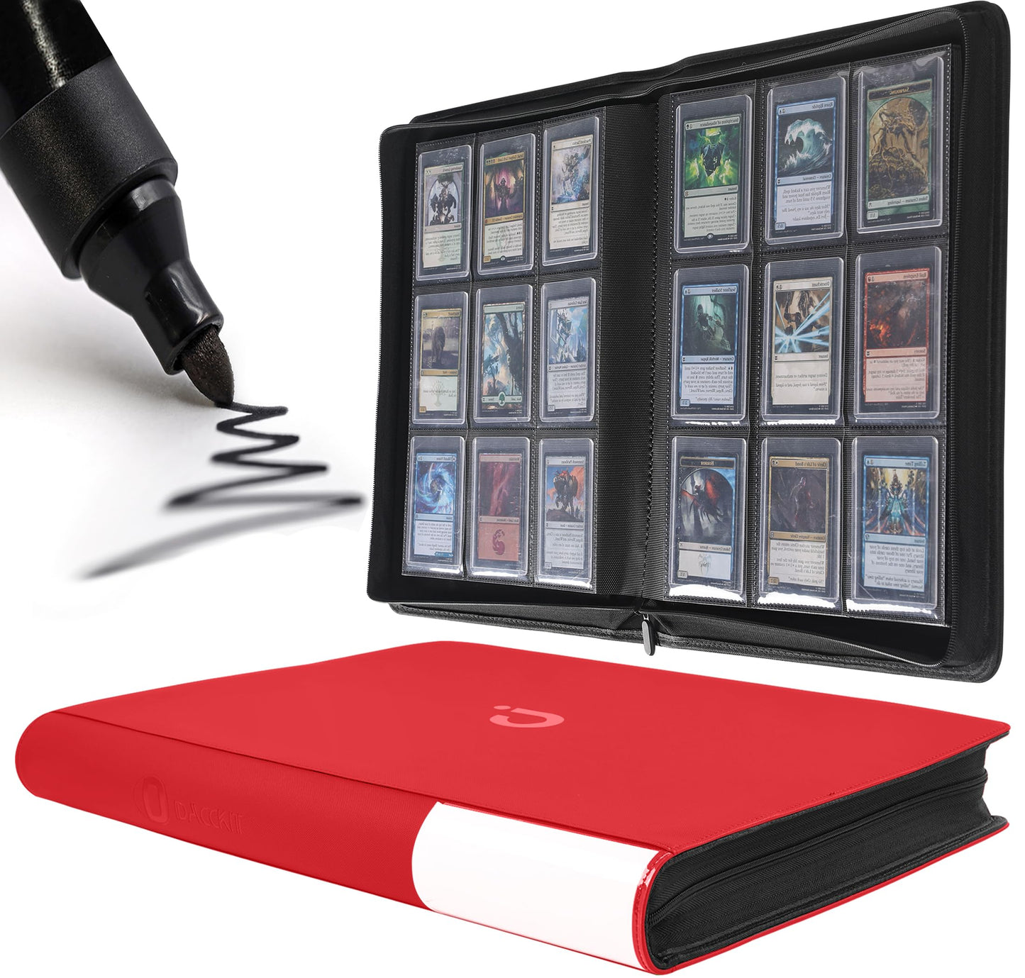 D DACCKIT Toploader Binder  Holds 288 Toploaders - 9 Pocket Top Loader Binder for 3 x 4 Rigid Card Holders for Trading Cards or Sports Cards - Model C Classic Red